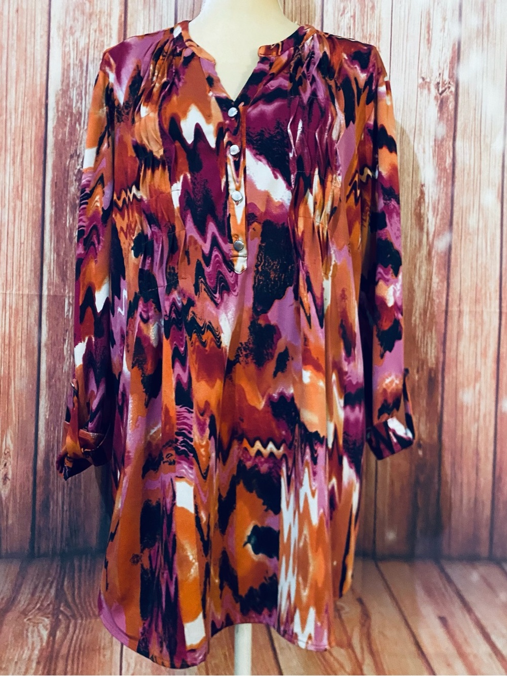 Women’s 3X Blouse Cocomo Woman Multicolored 3/5 Sleeves V Neck Silky Stretch
